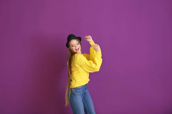 Beautiful Young Woman Dancing Color Background — Stock Photo, Image