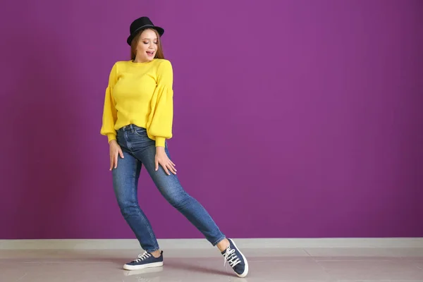 Beautiful Young Woman Dancing Color Wall — Stock Photo, Image