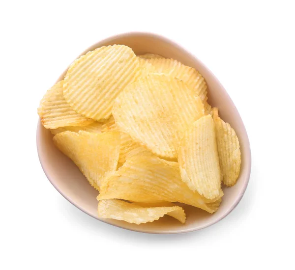 Bol Avec Savoureuses Chips Croustillantes Sur Fond Blanc — Photo