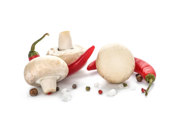 Raw Mushrooms Chili Peppers White Background — Stock Photo, Image