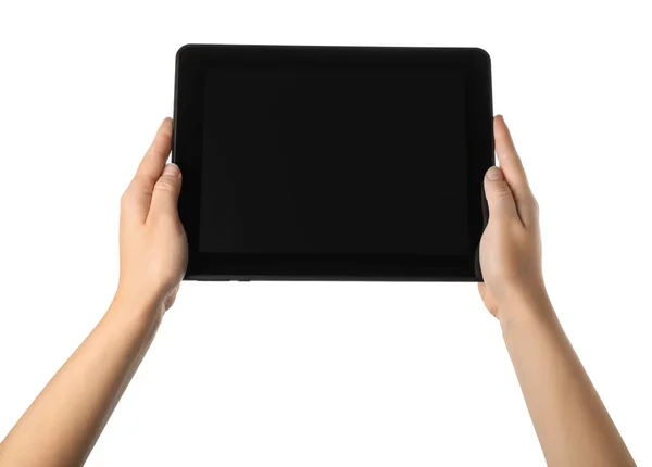 Jovem Segurando Tablet Fundo Branco — Fotografia de Stock