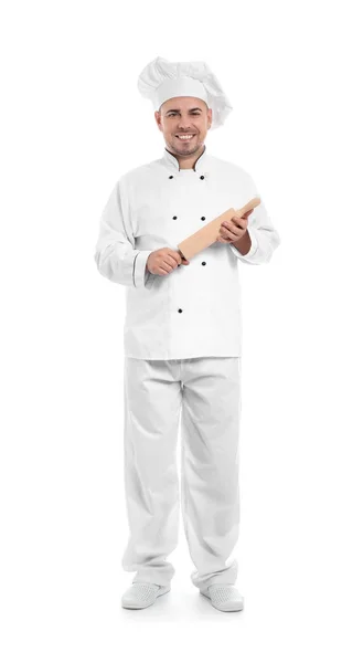 白い背景の上に麺棒で男性シェフ — ストック写真