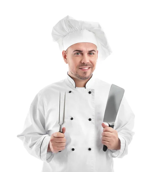 Mannelijke Chef Kok Met Keukengerei Witte Achtergrond — Stockfoto