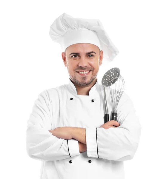 Mannelijke Chef Kok Met Keukengerei Witte Achtergrond — Stockfoto