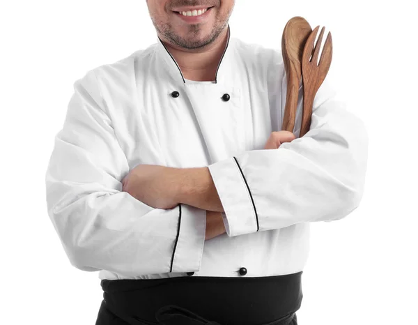 Männlicher Koch Mit Küchenutensilien Auf Weißem Hintergrund Nahaufnahme — Stockfoto