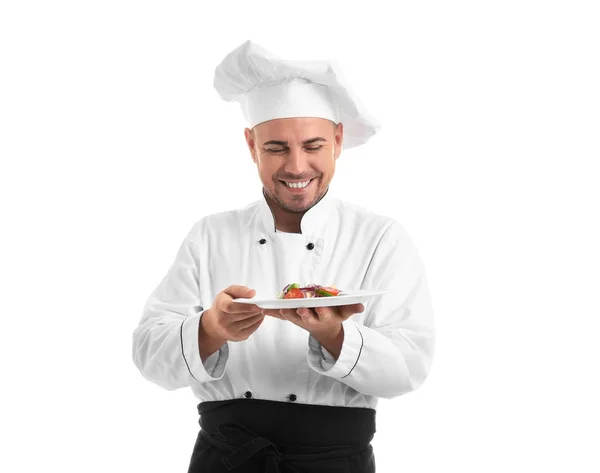 Chef Masculino Con Sabrosa Ensalada Sobre Fondo Blanco —  Fotos de Stock