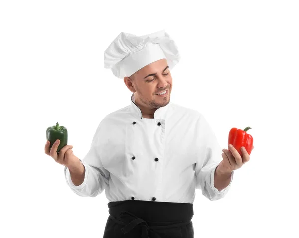 Mannelijke Chef Kok Met Paprika Witte Achtergrond — Stockfoto