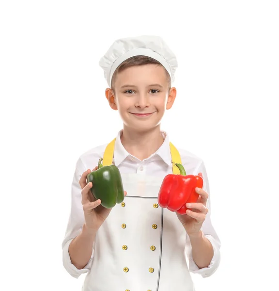 Cute Pequeno Chef Com Pimentas Fundo Branco — Fotografia de Stock