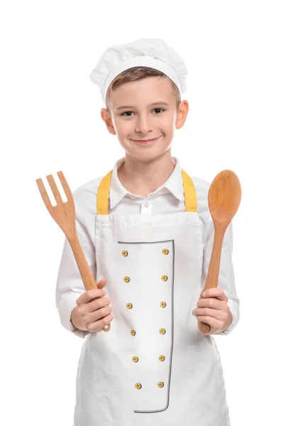 Niedlichen Kleinen Koch Mit Küchenutensilien Auf Weißem Hintergrund — Stockfoto