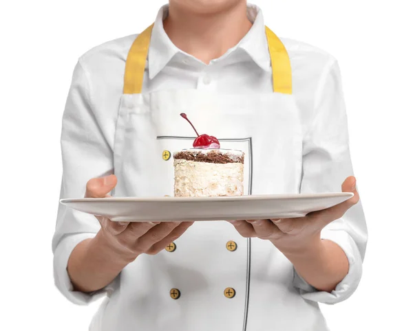 Schattige Kleine Chef Kok Met Lekkere Taart Witte Achtergrond Close — Stockfoto