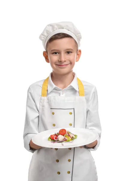 Cute Pequeno Chef Com Salada Fundo Branco — Fotografia de Stock