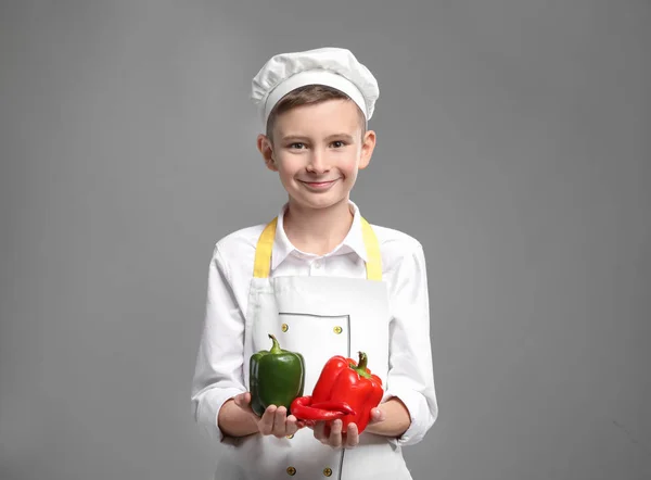 Cute Little Chef Peppers Grey Background — Stock Photo, Image