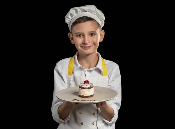Cute Little Chef Tasty Dessert Dark Background — Stock Photo, Image