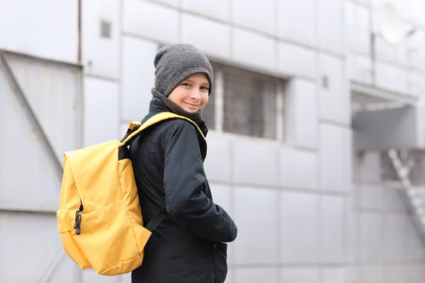 Netter Kleiner Schuljunge Mit Rucksack Freien — Stockfoto