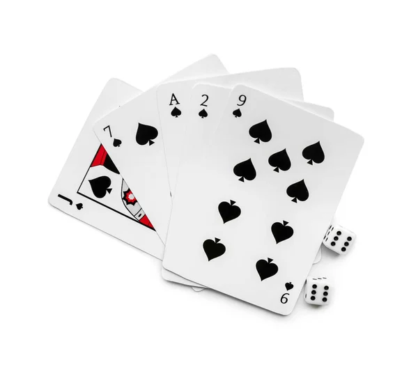 Kort Med Tärningar För Pokerspel Vit Bakgrund — Stockfoto