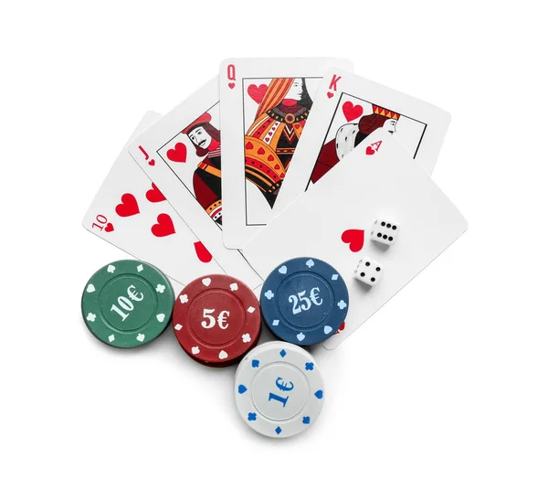 Fiches Met Kaarten Dobbelstenen Voor Pokerspel Witte Achtergrond — Stockfoto