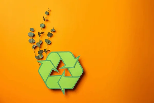 Recycling symbol and green branches on color background