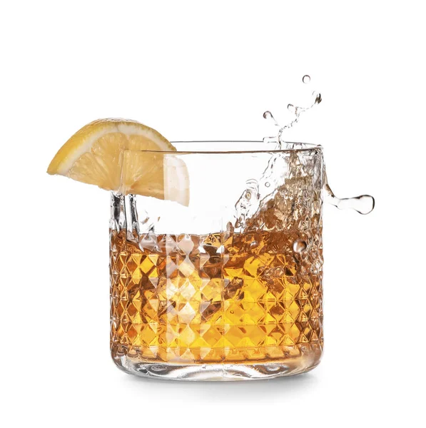 Glass Cold Whiskey Splashes White Background — Stock Photo, Image