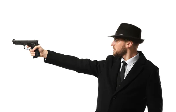 Detective Con Pistola Sobre Fondo Blanco — Foto de Stock