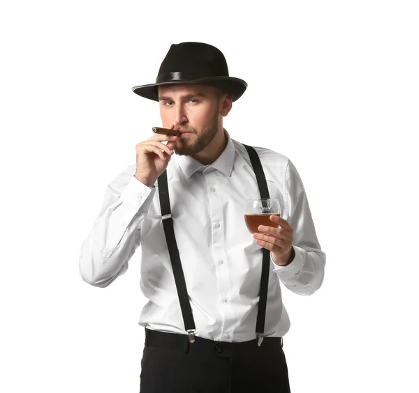 Detektiv Med Cigarr Och Ett Glas Whisky Vit Bakgrund — Stockfoto