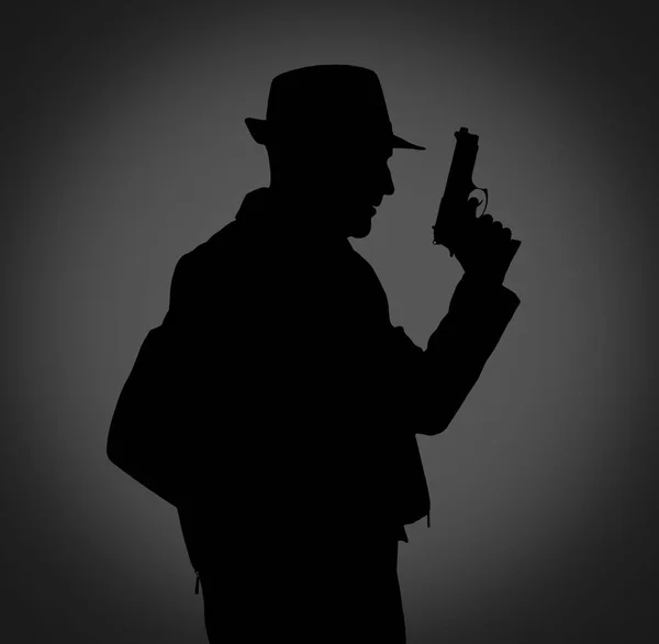 Silhouette Détective Avec Pistolet Sur Fond Sombre — Photo