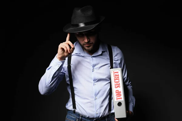 Detective Holding Folder Text Top Secret Dark Background — Stock Photo, Image