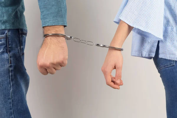 Couple Handcuffed Together Hands Light Background Concept Addiction — Stock Photo, Image