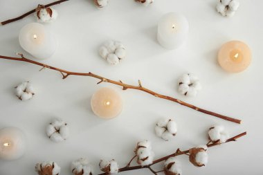 Mumlar ve beyaz arka plan üzerinde pamuk çiçek güzel kompozisyonu