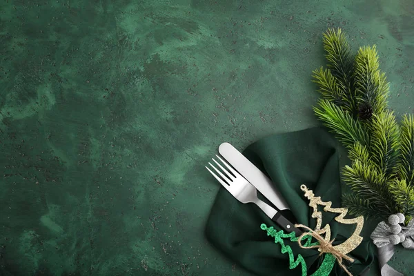 Cutlery Christmas Table Setting Color Background — Stock Photo, Image