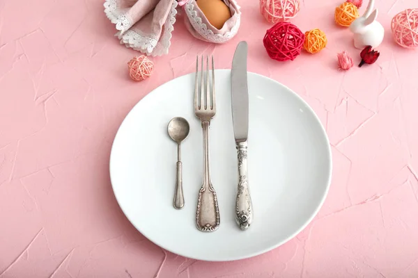 Beautiful Easter Table Setting Color Background — Stock Photo, Image