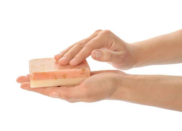 Female Hands Soap Bar White Background — Stock Photo, Image