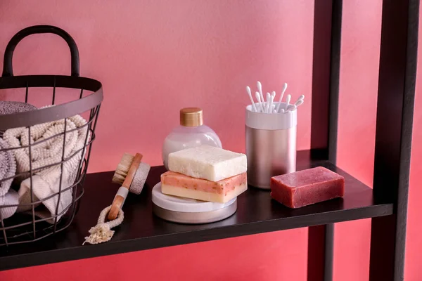 Soap Towels Accessories Shelf Bathroom — Stock Photo, Image