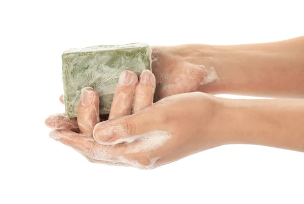 Female Hands Soap White Background — Stock Photo, Image