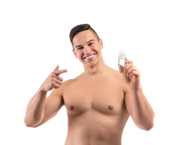 Jeune Homme Avec Déodorant Sur Fond Blanc — Photo