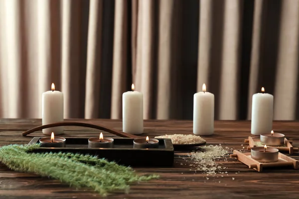 Burning Candles Sea Salt Spa Wooden Table — Stock Photo, Image