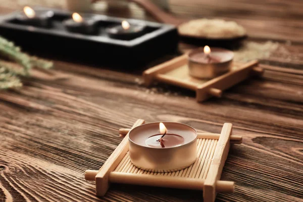 Burning Candles Wooden Table — Stock Photo, Image