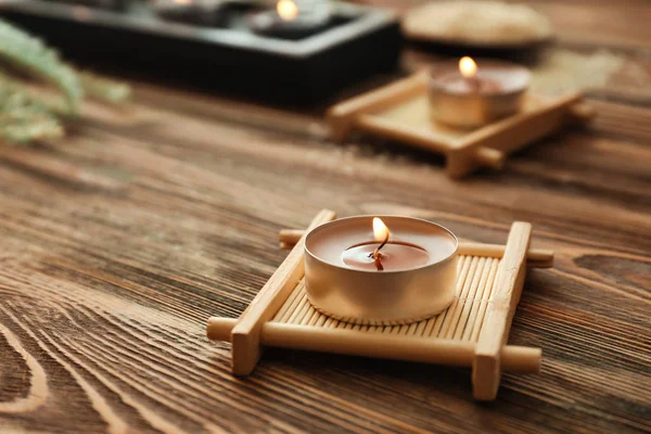 Burning Candle Wooden Table — Stock Photo, Image