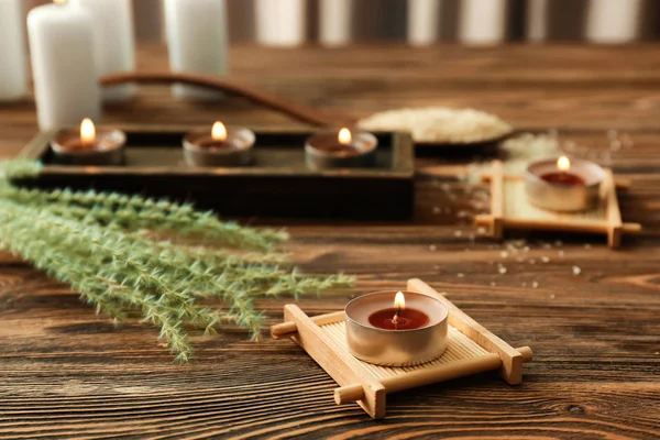 Burning Candles Wooden Table — Stock Photo, Image