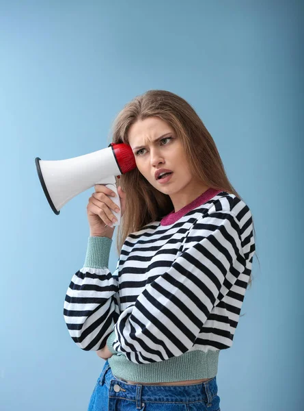 Thoughtful Young Woman Megaphone Color Background — Stock Photo, Image