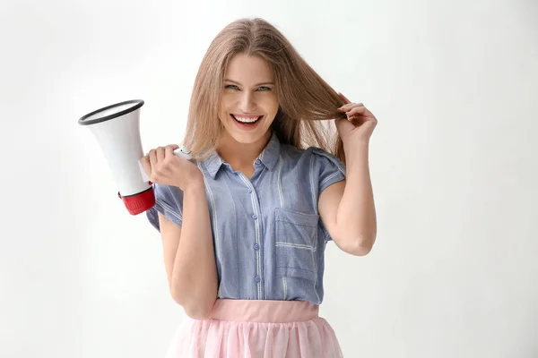 Young Woman Megaphone White Background — Stock Photo, Image