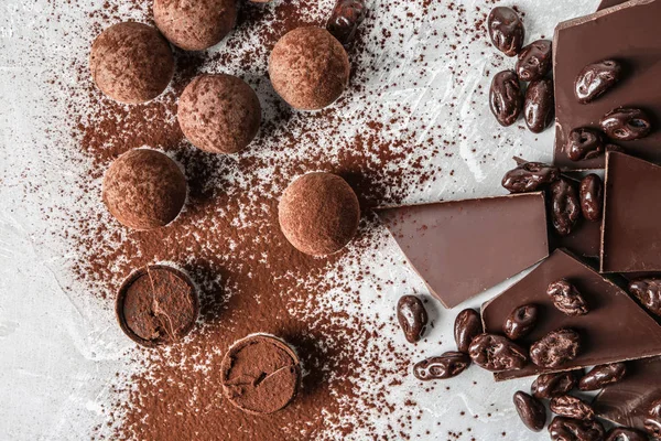 Tasty Sweet Truffles Cacao Powder Chocolate Light Table — Stock Photo, Image