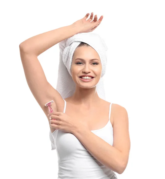 Beautiful Young Woman Shaving Armpits White Background — Stock Photo, Image