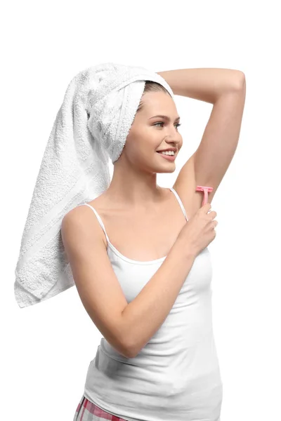 Beautiful Young Woman Shaving Armpits White Background — Stock Photo, Image