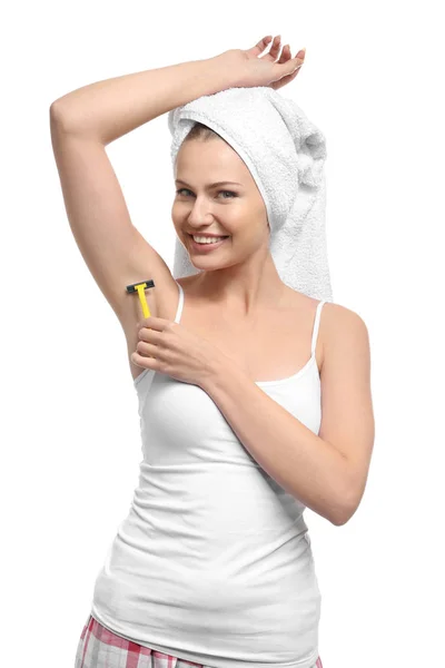 Beautiful Young Woman Shaving Armpits White Background — Stock Photo, Image