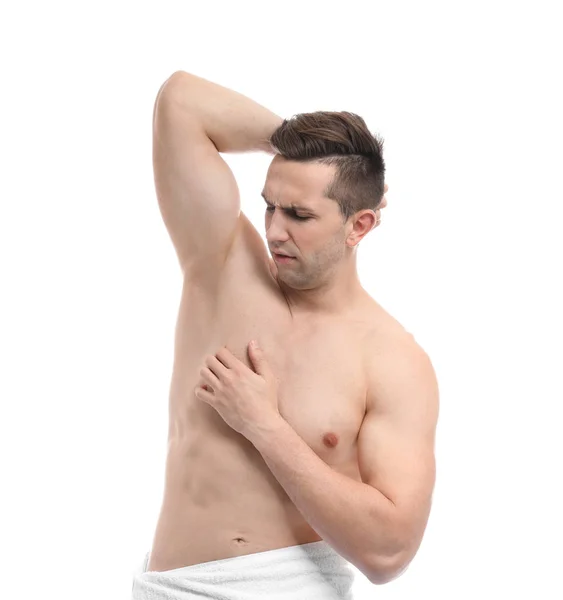 Handsome Young Man Feeling Smell Sweat White Background Concept Using — Stock Photo, Image