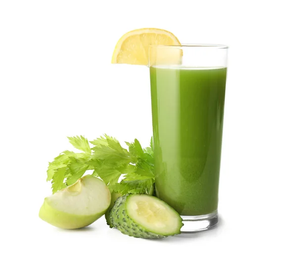 Glas Friska Juice Med Ingredienser Vit Bakgrund — Stockfoto