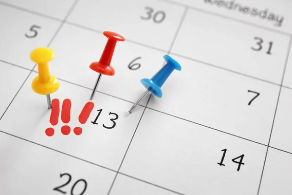 Calendar Pinned Date Exclamation Marks Closeup — Stock Photo, Image
