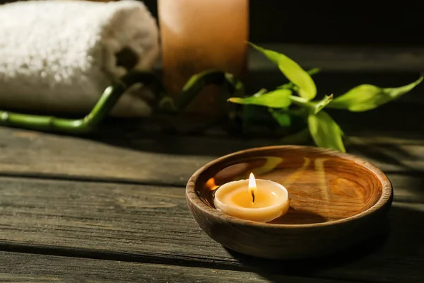 Bowl Water Burning Candle Wooden Table Spa Salon — Stock Photo, Image