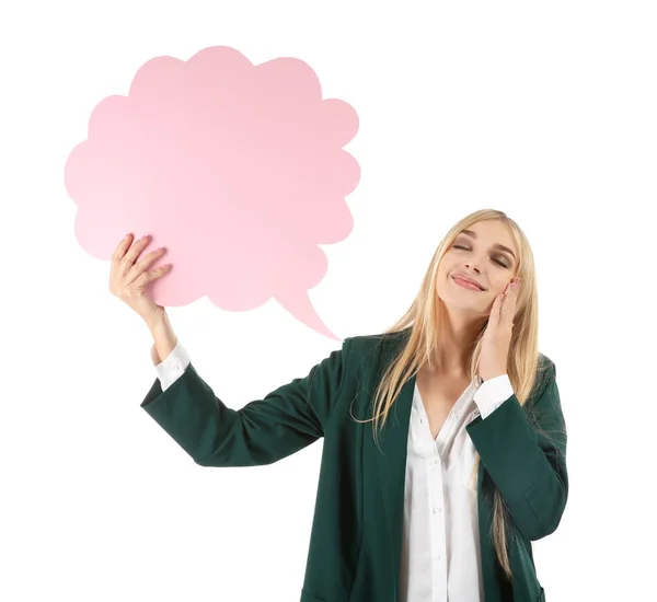 Dreaming Young Woman Blank Speech Bubble White Background — Stock Photo, Image