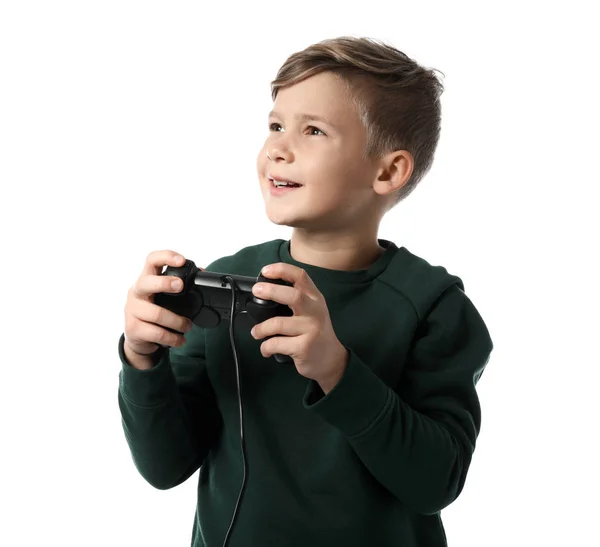 Χαριτωμένο Αγόρι Παίζει Video Game Λευκό Φόντο — Φωτογραφία Αρχείου